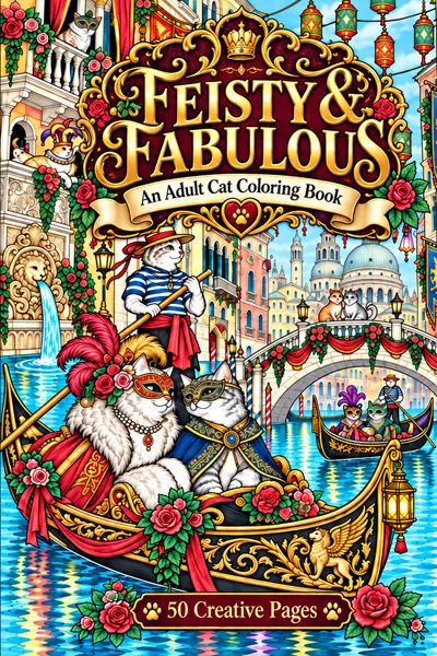 Feisty & Fabulous adult cat coloring book cover.