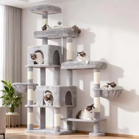 Light gray cat tower with scratching posts, cubbies, perches, and hammock beds.