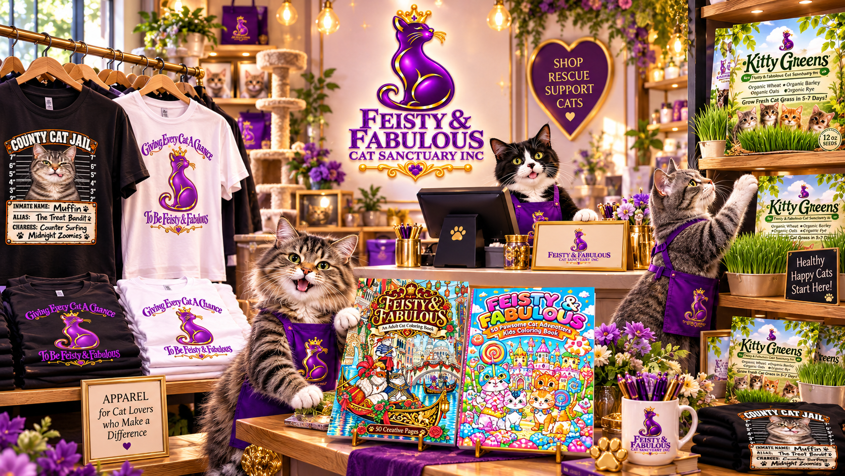 Inside the Feisty and Fabulous sanctuary shop, with sanctuary shirts, coloring books, Kitty Greens cat grass and mugs