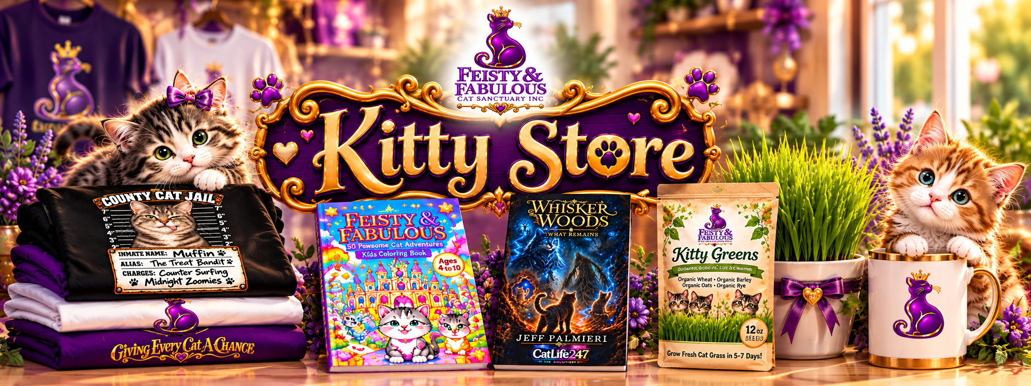 The Feisty and Fabulous Kitty Store, with sanctuary shirts, coloring books, Whisker Woods, Kitty Greens cat grass and a mug
