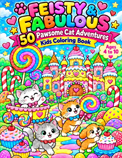 Feisty & Fabulous kids cat coloring book cover.