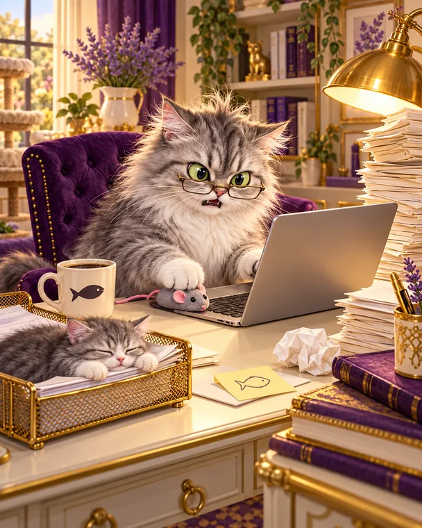 A rather serious cat at a laptop, waiting to read your message