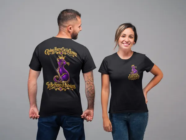 Front and back views of Feisty & Fabulous sanctuary rescue shirts.